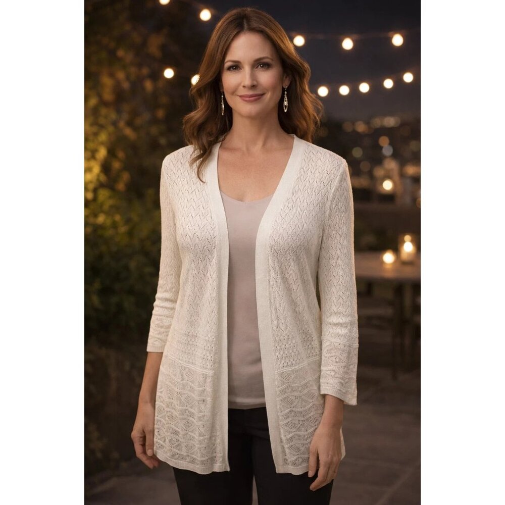 Ann Taylor LOFT size Medium Women's White knit crochet Open Cardigan